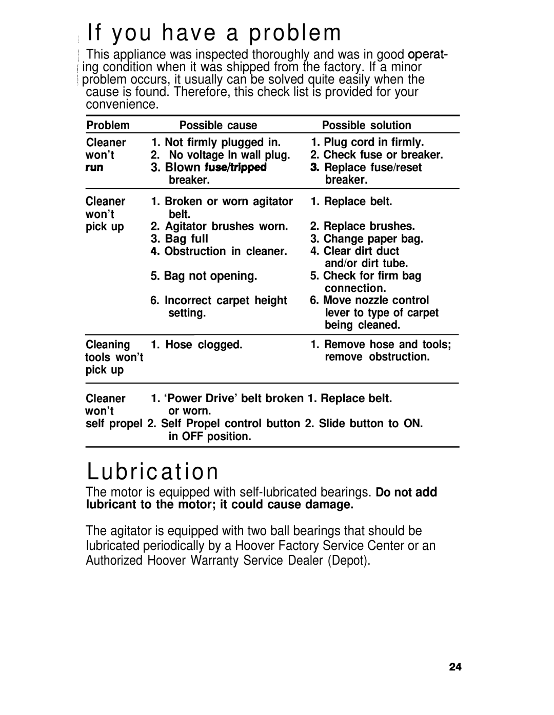 Hoover U3745, U3721, U3737 If you have a problem, Lubrication, Motor is equipped with self-lubricated bearings. Do not add 
