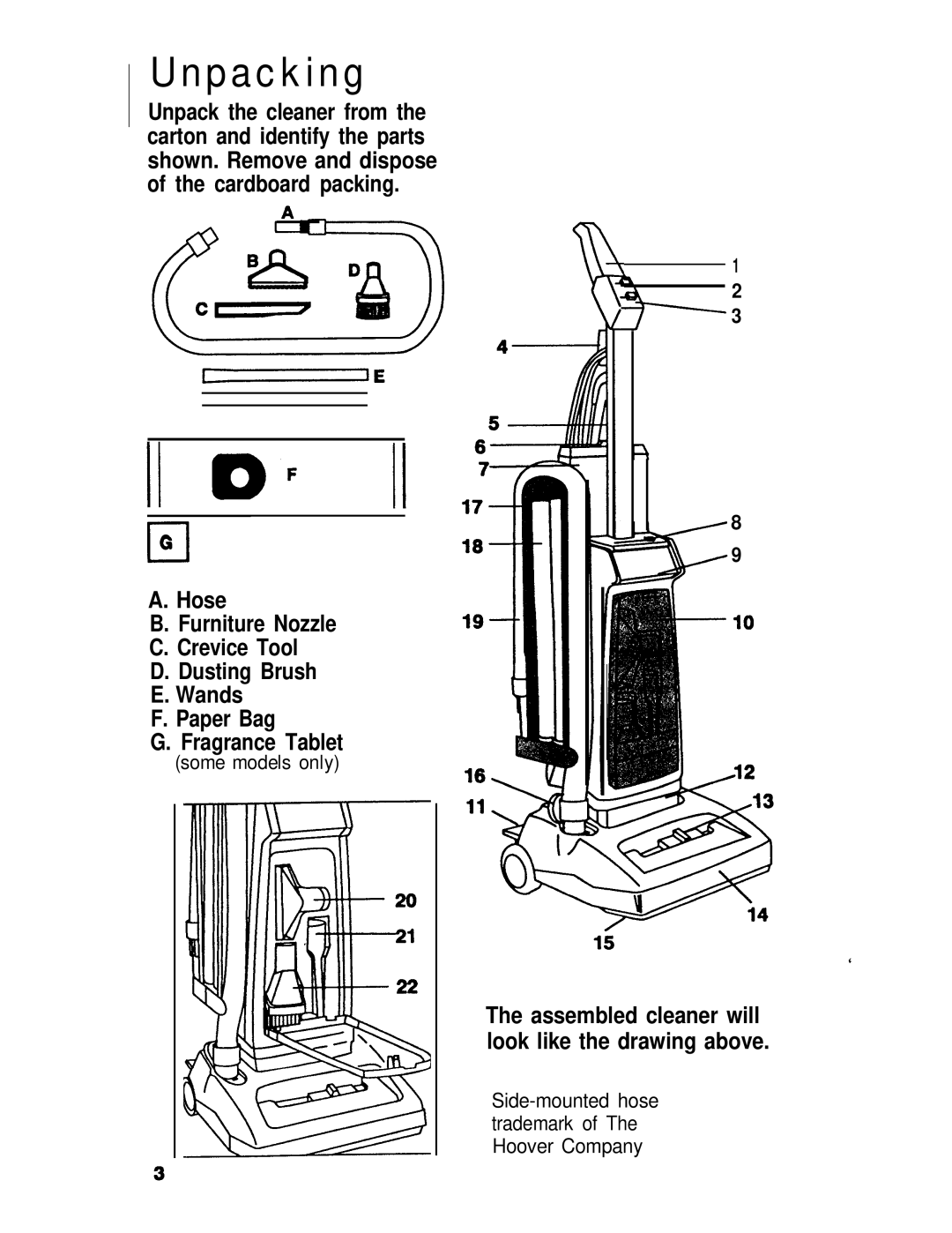 Hoover U3745, U3721, U3737 manual Unpacking, Hose, Dusting Brush Wands Paper Bag Fragrance Tablet 