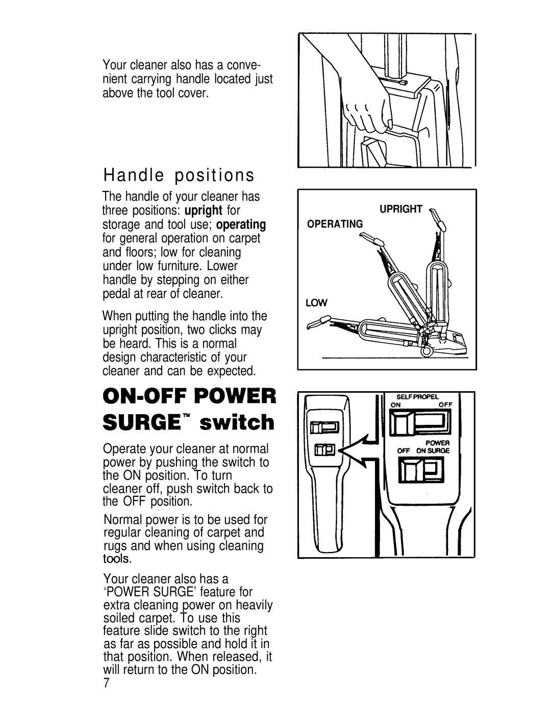 Hoover U3721, U3745, U3737 manual ON-OFF Power SURGE- switch, Handle positions 