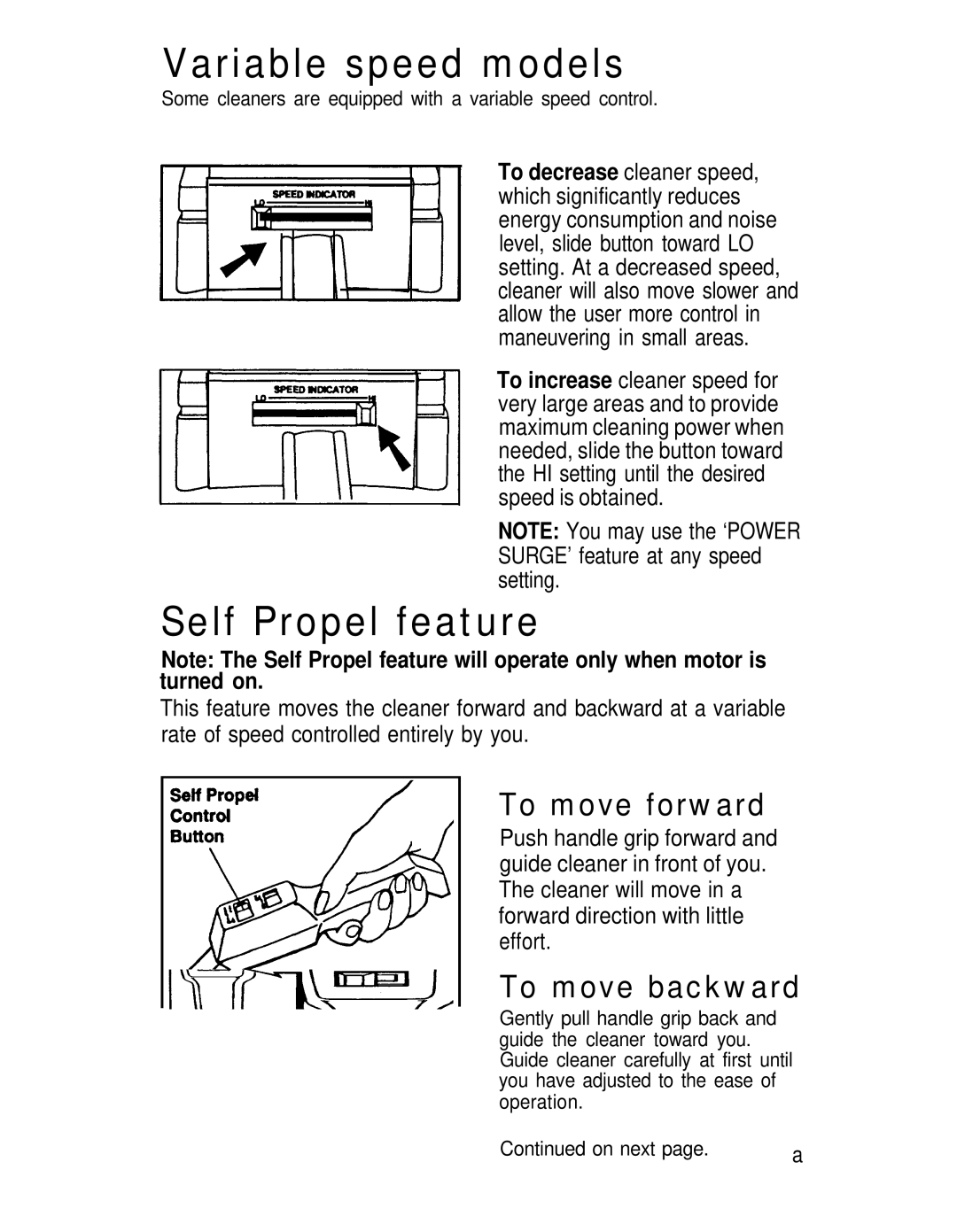 Hoover U3737, U3745, U3721 manual Variable speed models, Self Propel feature, To move forward, To move backward 