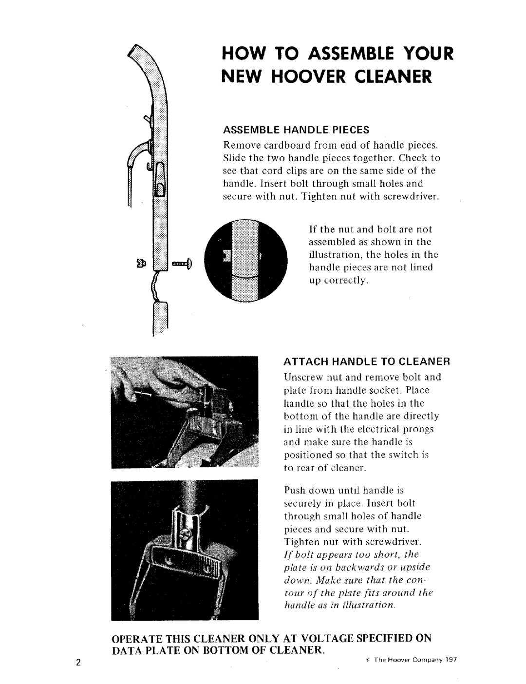 Hoover U4001 owner manual Assemble Handle Pieces, Attach Handle to Cleaner 