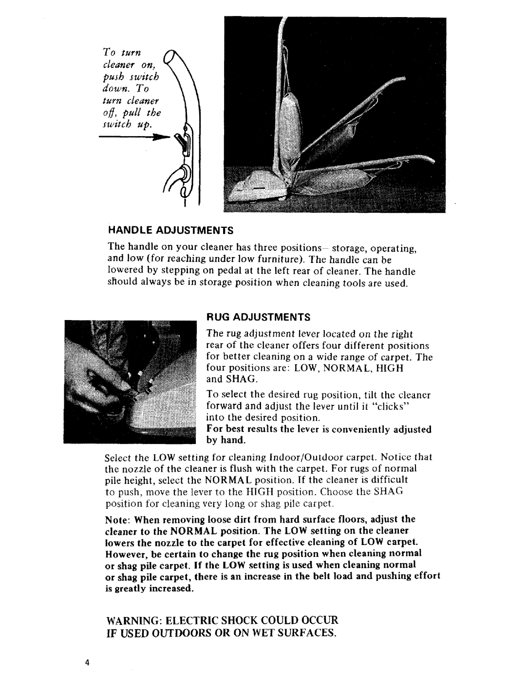 Hoover U4001 owner manual Handle Adjustments, RUG Adjustments 