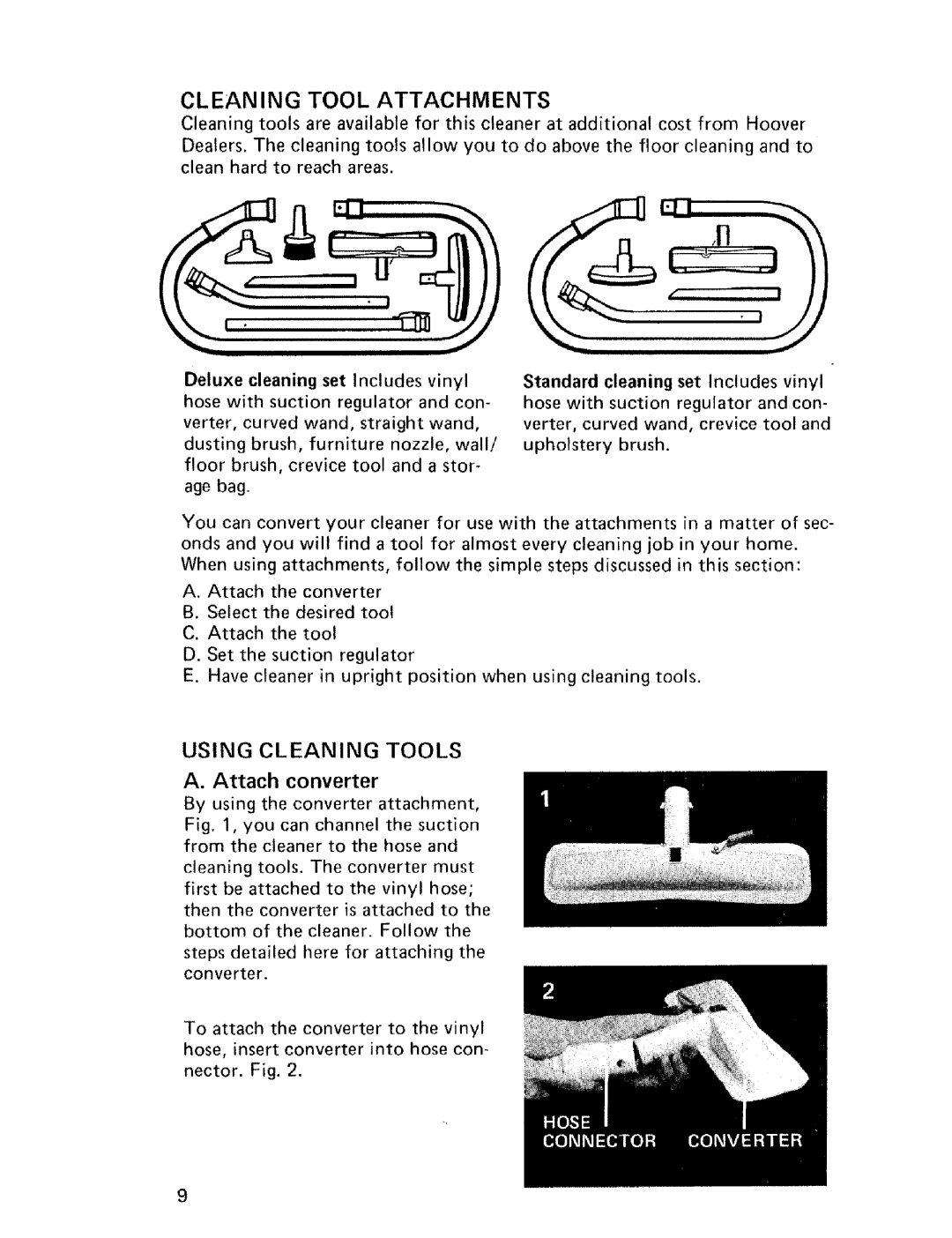 Hoover U4057 owner manual Cleaning Tool Attachments, Using Cleaning Tools 