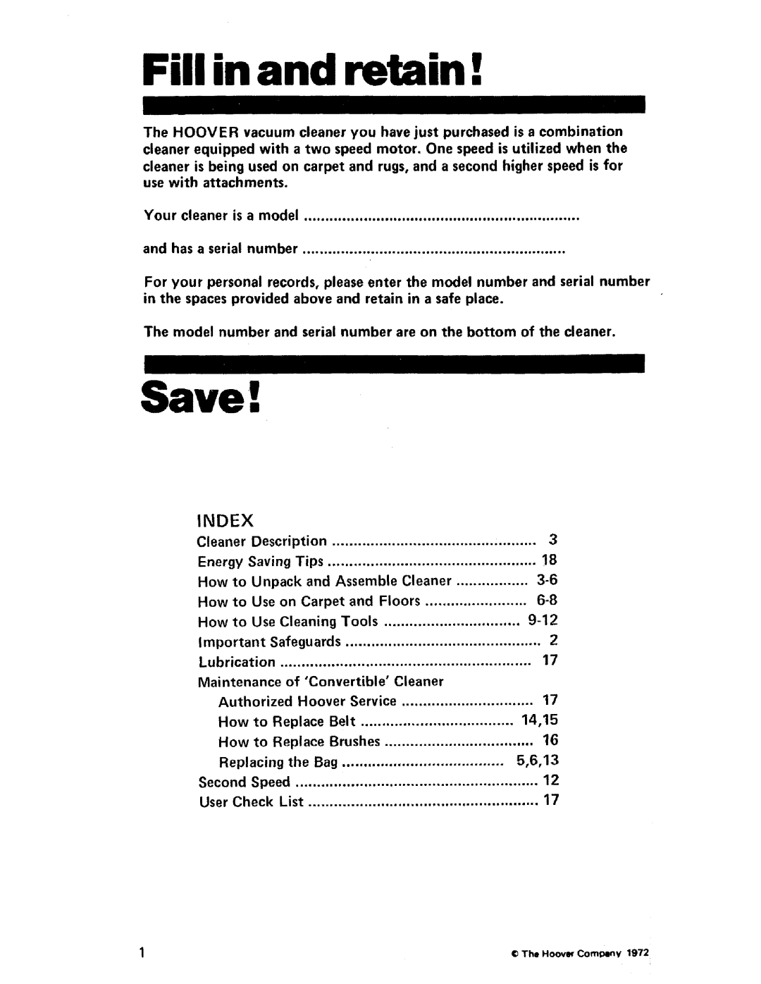 Hoover U4057 owner manual Fill in and retain, Index 