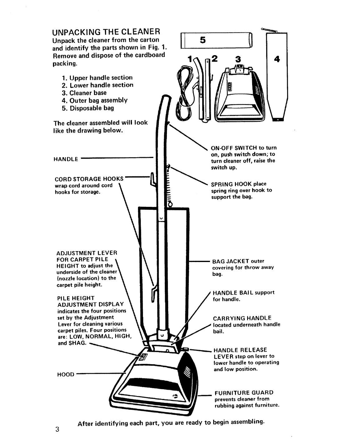 Hoover U4057 owner manual Unpacking the Cleaner, Disposable bag 