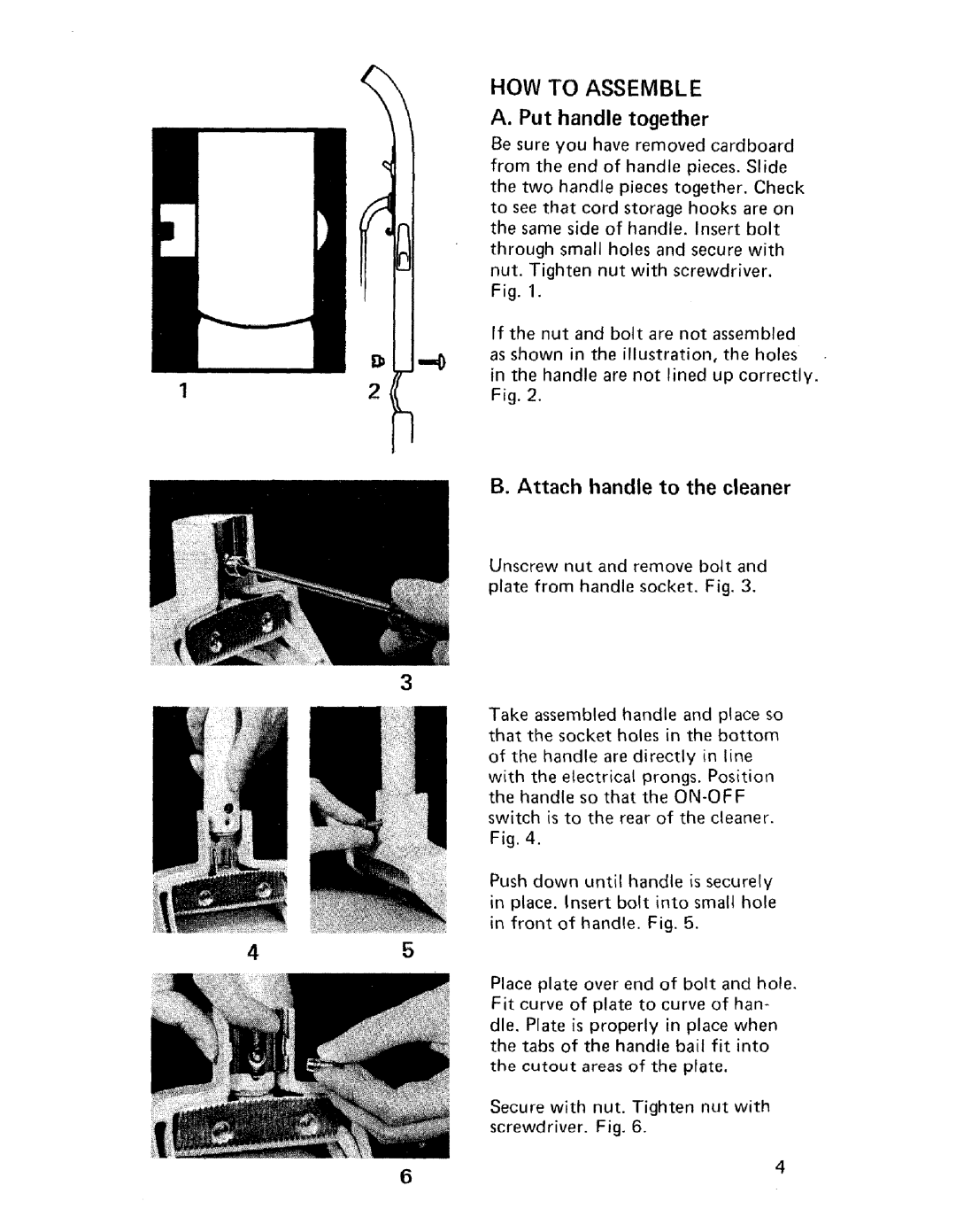 Hoover U4057 owner manual HOW to Assemble, Put handle together, Attach handle to the cleaner 