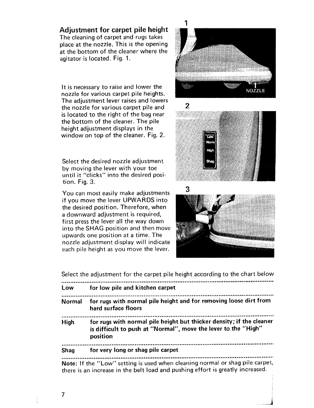 Hoover U4057 owner manual Adjustment for carpet pile height, Below 