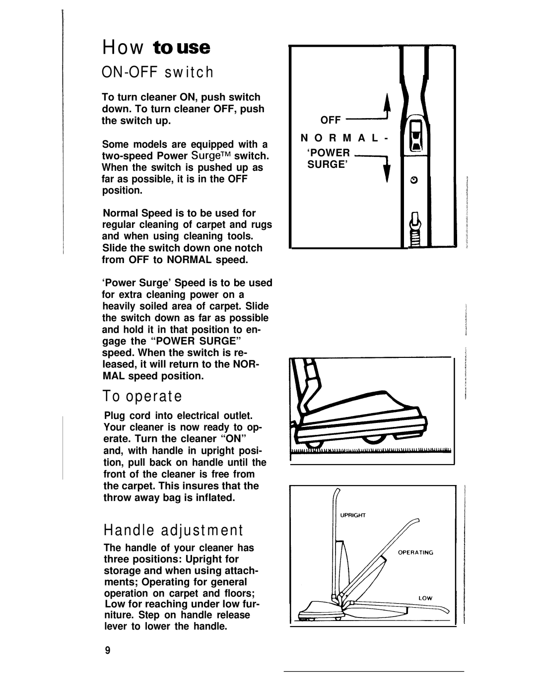 Hoover U4359, U4361 manual ON-OFF switch, To operate, Handle adjustment 