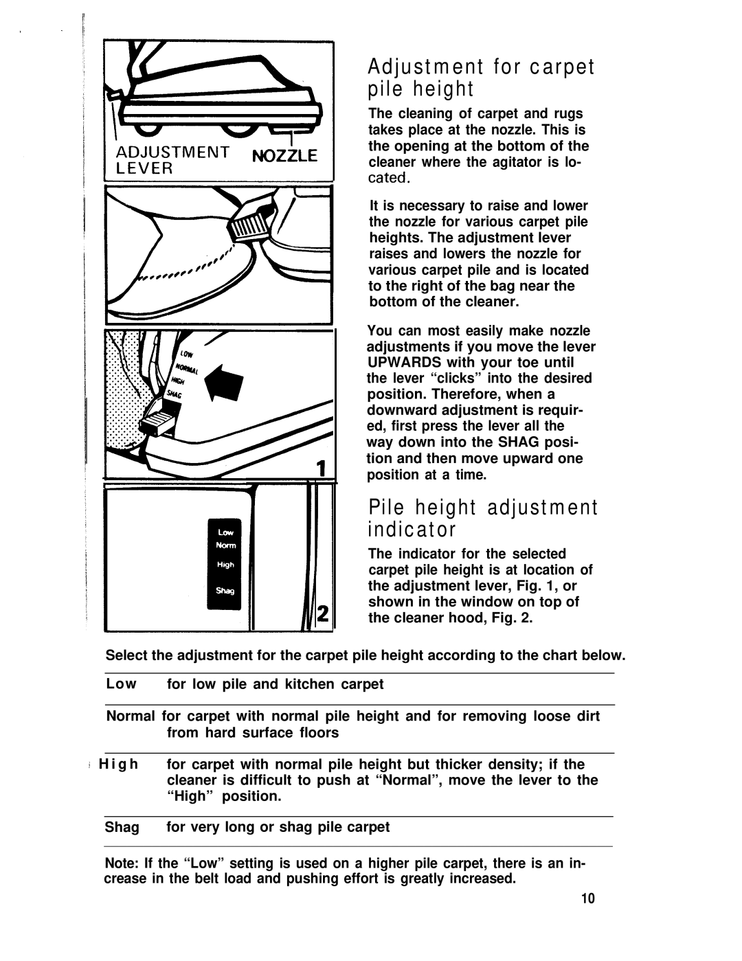 Hoover U4361, U4359 manual Adjustment for carpet pile height, Pile height adjustment indicator 