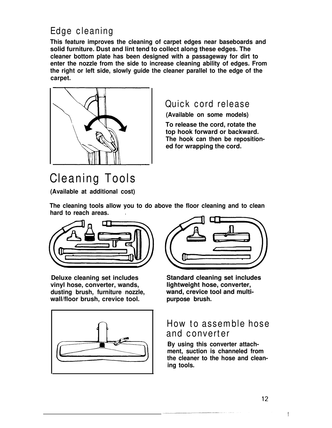 Hoover U4361, U4359 manual Cleaning Tools, Edge cleaning, Quick cord release, How to assemble hose and converter 