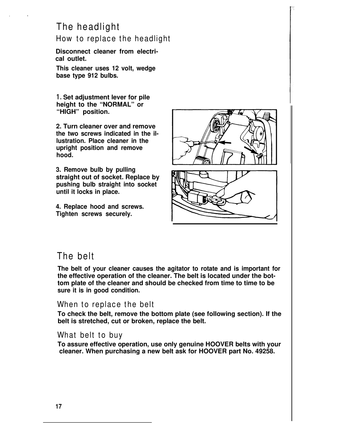 Hoover U4359, U4361 manual Headlight, Belt, How to replace the headlight, When to replace the belt, What belt to buy 