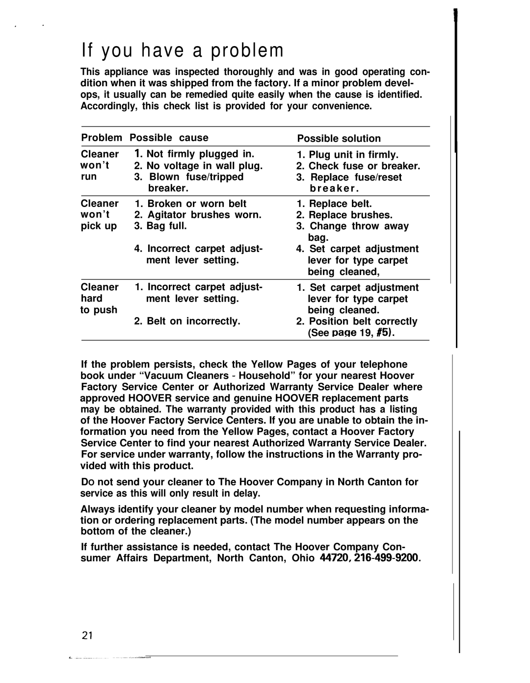 Hoover U4359, U4361 manual If you have a problem 