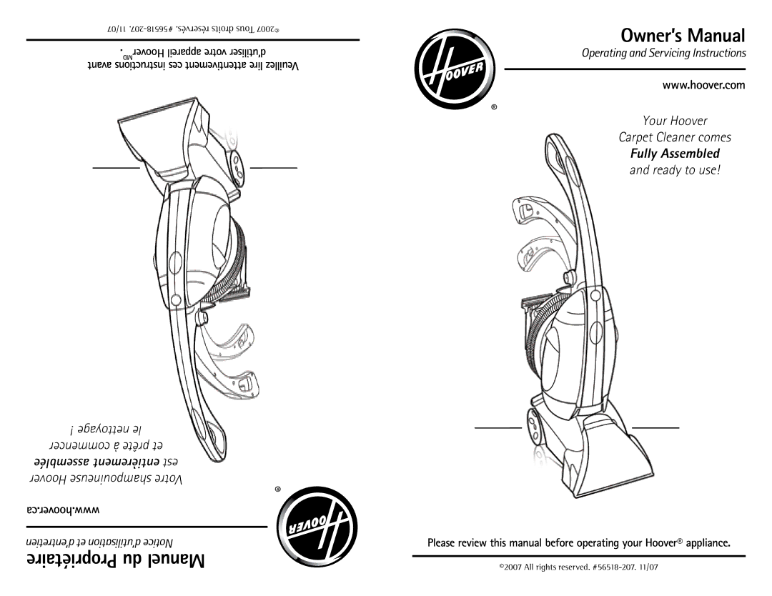 Hoover U5180-900 owner manual Ca.hoover.www, Hoover appareil votre d’utiliser 