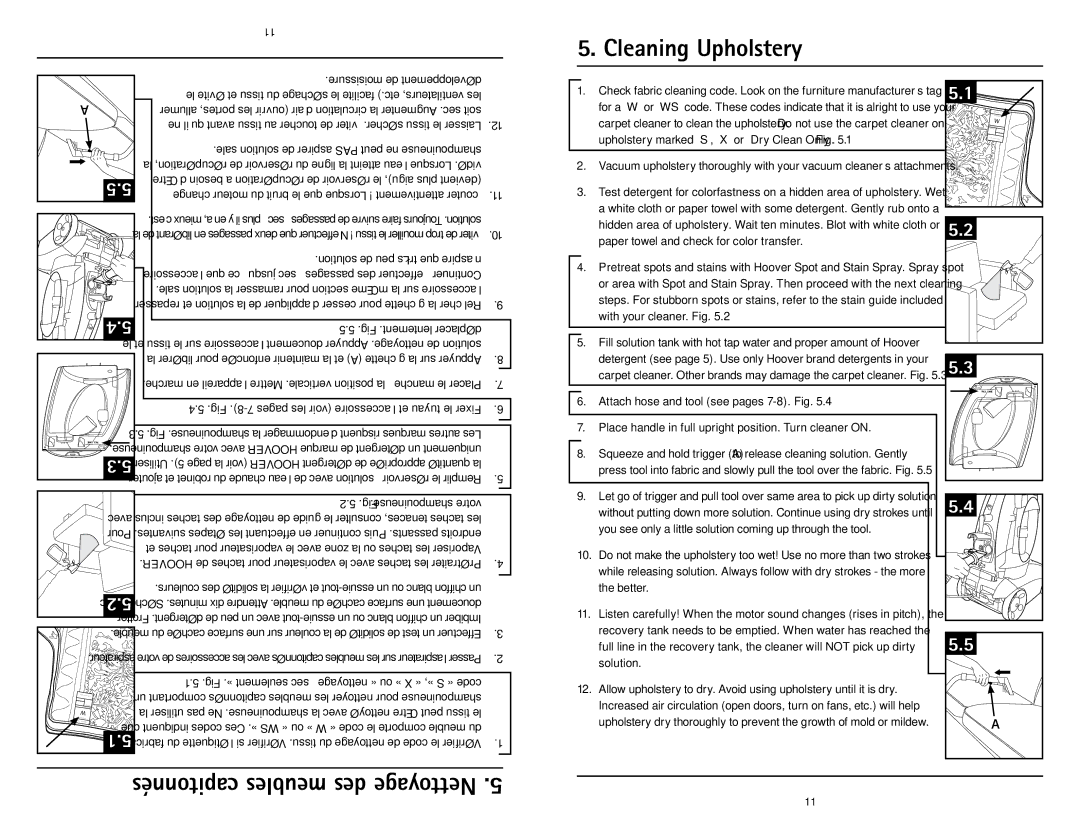 Hoover U5180-900 owner manual Cleaning Upholstery, Capitonnés meubles des Nettoyage 