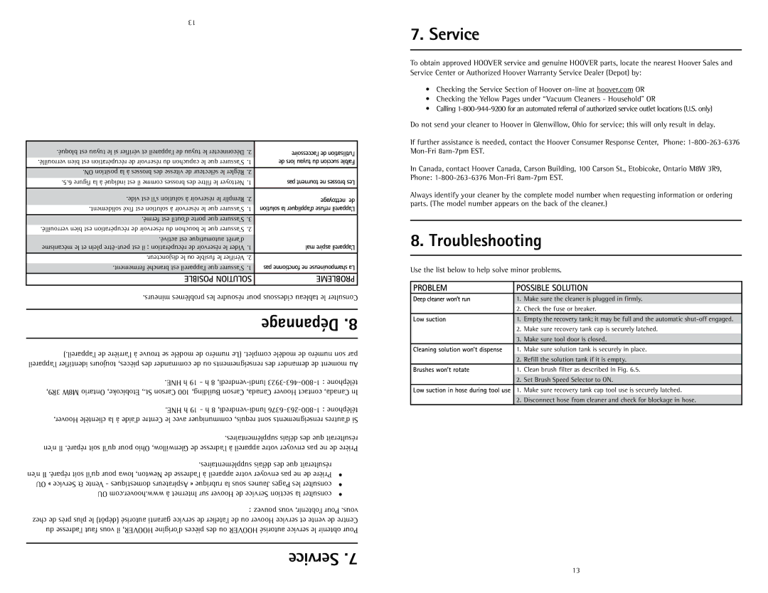 Hoover U5180-900 owner manual Service, Troubleshooting, Supplémentaires délais des que résulterait 