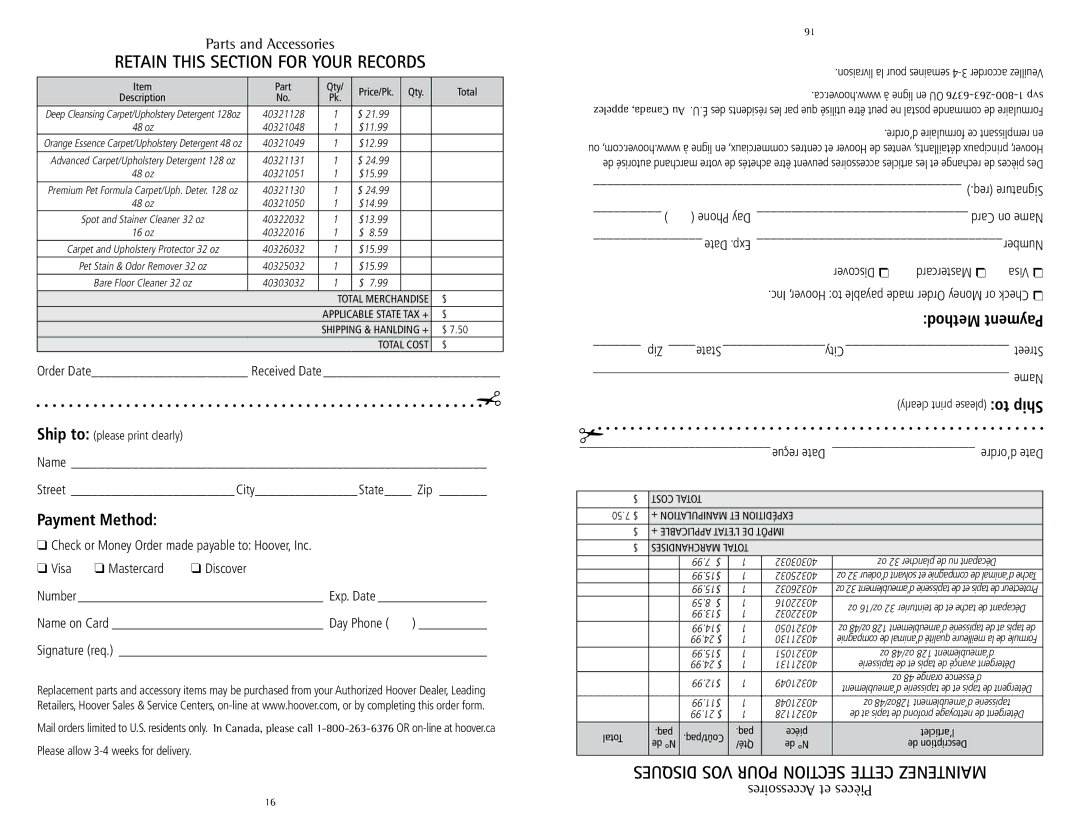 Hoover U5180-900 owner manual Payment Method, Method Payment 