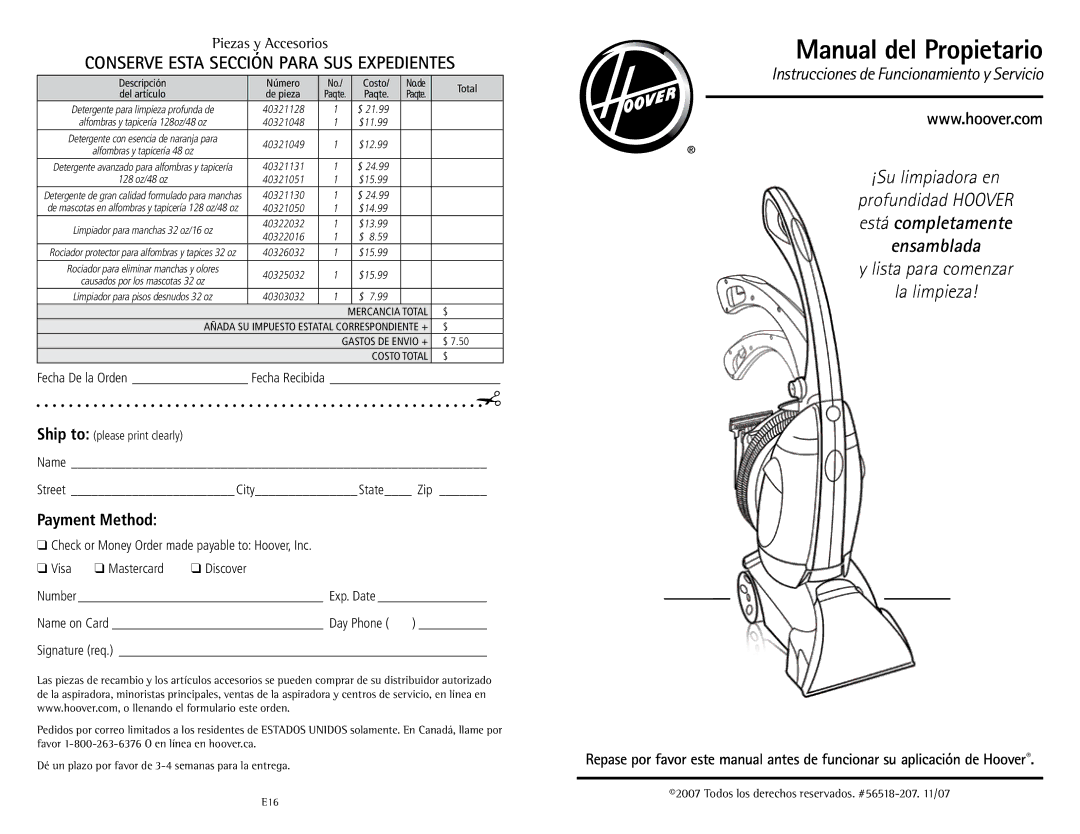 Hoover U5180-900 owner manual Conserve Esta Sección Para SUS Expedientes, E16 