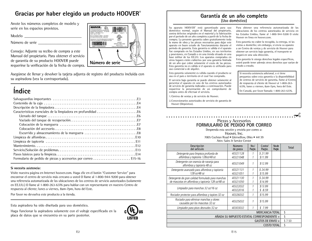 Hoover U5180-900 owner manual Índice, Garantía de un año completo, Uso doméstico 