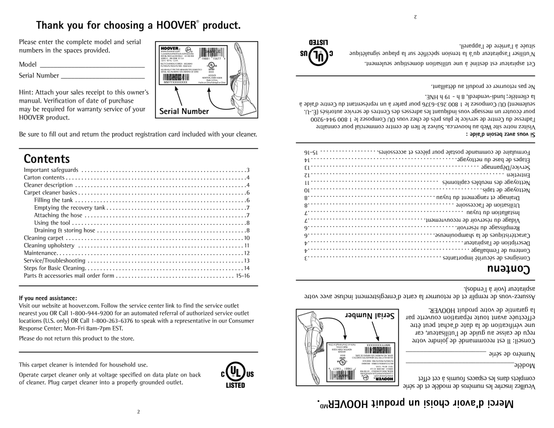 Hoover U5180-900 owner manual Contents 