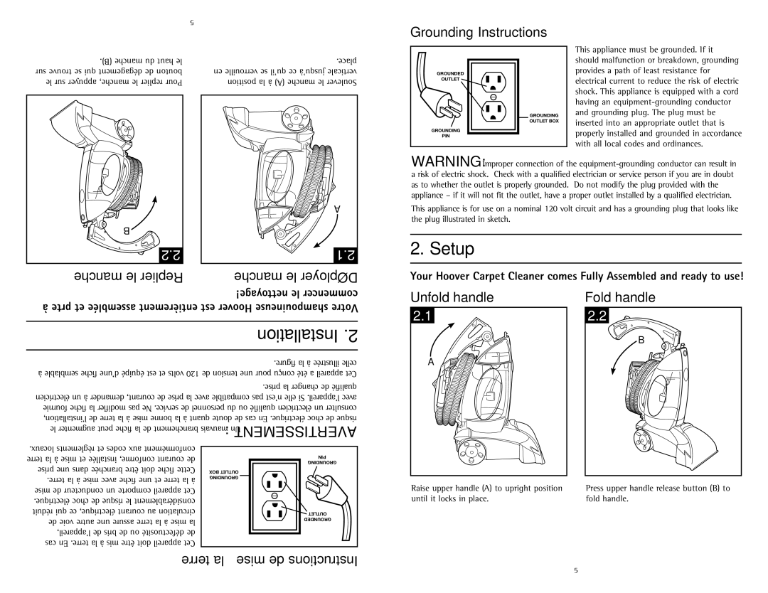 Hoover U5180-900 owner manual Setup, Grounding Instructions, Terre la à mise de Instructions, Unfold handle 