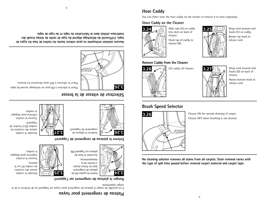 Hoover U5180-900 owner manual Hose Caddy, 27.3, 25.3, Tuyau pour rangement de Plateau, Brush Speed Selector 