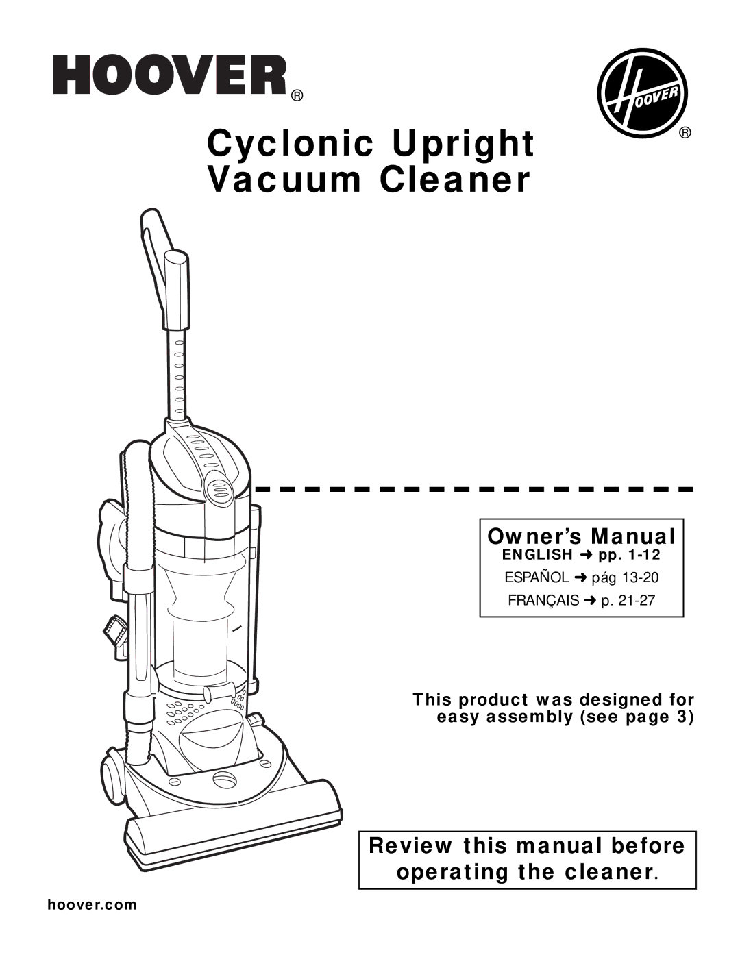 Hoover U5185-910, U5180-955, U5183-910 owner manual Review this manual before Operating the cleaner, English pp, Hoover.com 