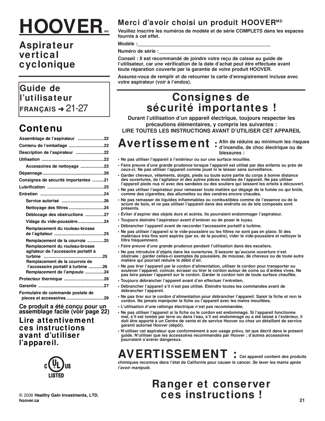 Hoover U5180-950, U5180-955, U5185-910, U5183-910, U5180-910, U5185-900 Aspirateur vertical cyclonique, Contenu, Français 