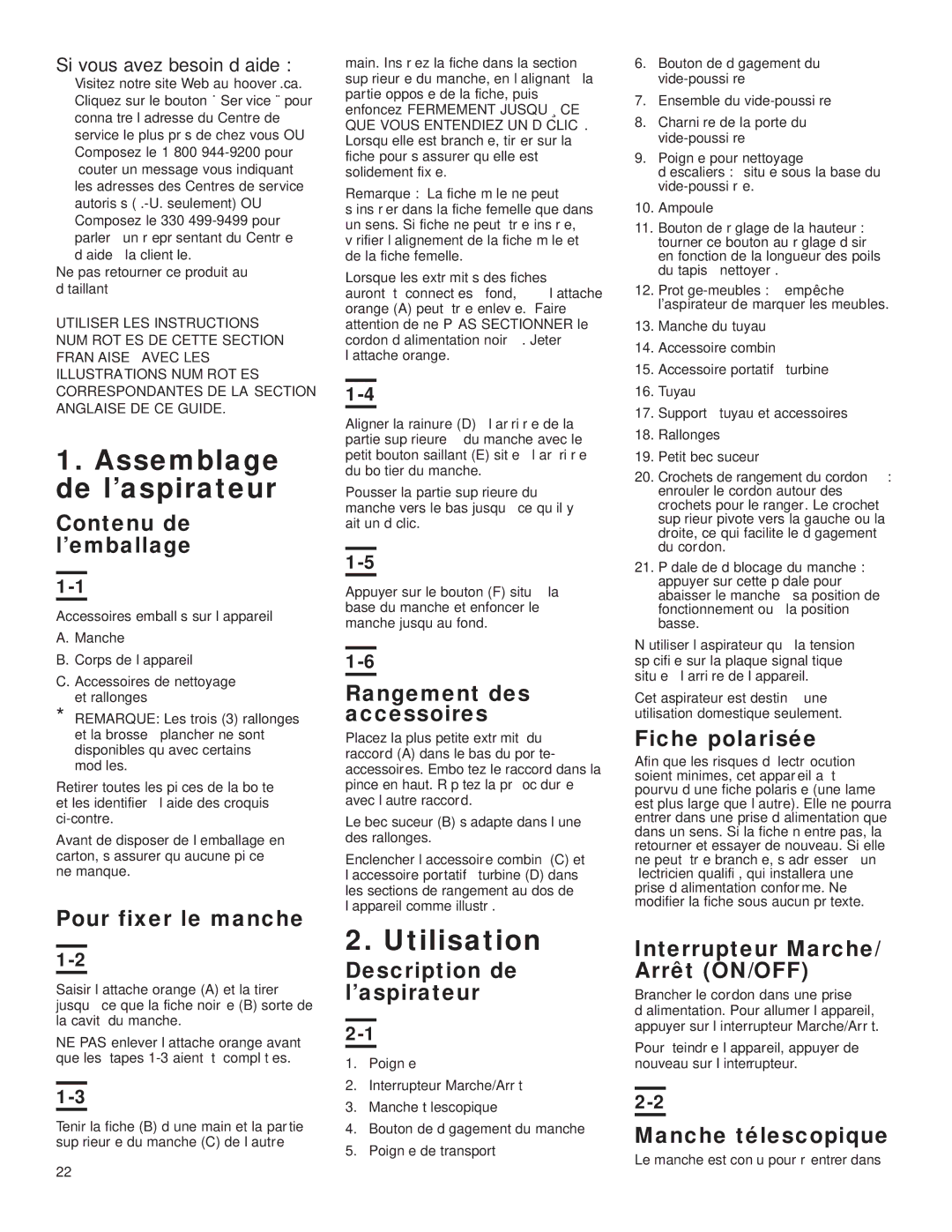 Hoover U5180-910, U5180-955, U5185-910, U5183-910, U5180-950, U5185-900 owner manual Assemblage de l’aspirateur, Utilisation 