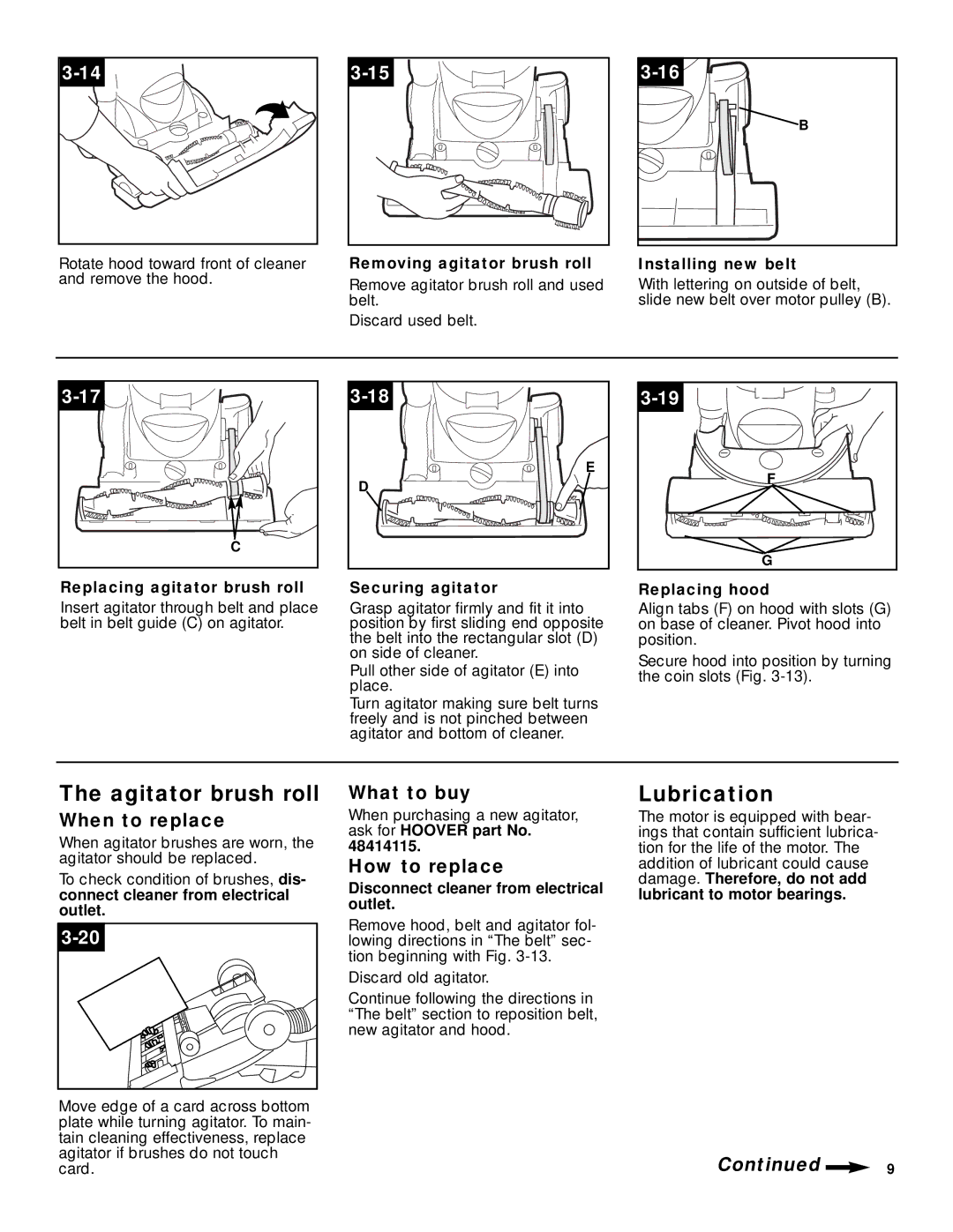 Hoover U5180-950, U5180-955, U5185-910, U5183-910, U5180-910, U5185-900 owner manual Agitator brush roll, Lubrication 