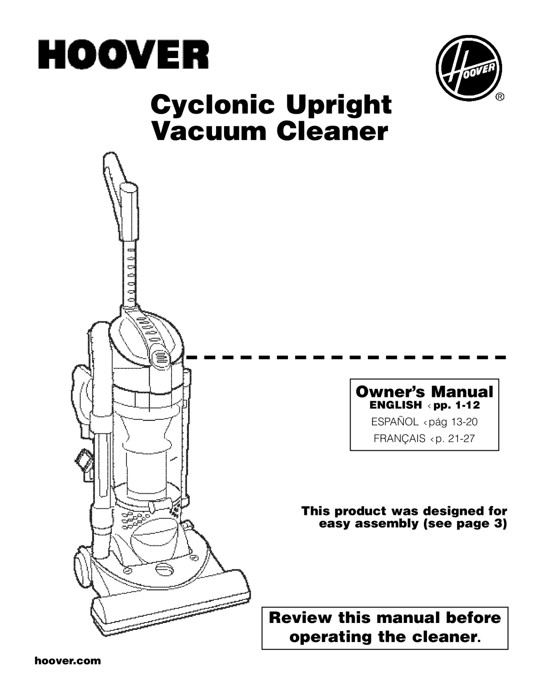 Hoover U5182900 owner manual Review this manual before Operating the cleaner, English ‹pp, Hoover.com 