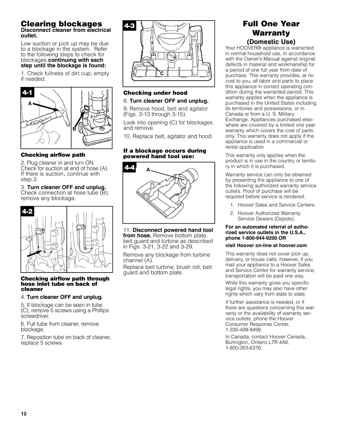 Hoover U5182900 owner manual Clearing blockages, Full One Year Warranty, Domestic Use, Checking airflow path 