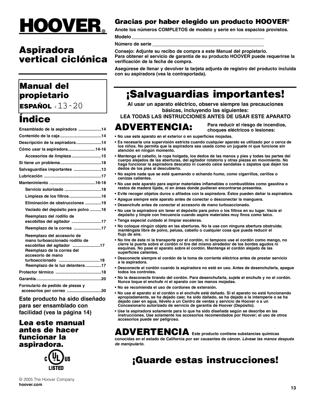 Hoover U5182900 owner manual Aspiradora vertical ciclónica, Índice, ¡Guarde estas instrucciones, Español ‹13-20 