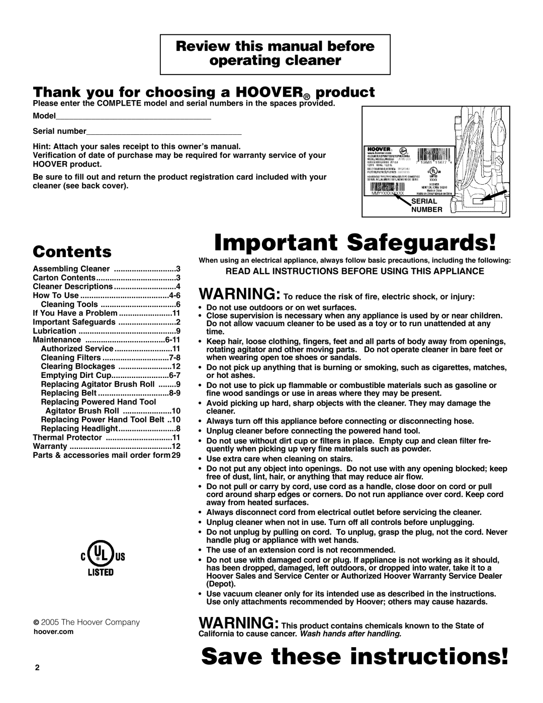 Hoover U5182900 owner manual Important Safeguards, Contents 