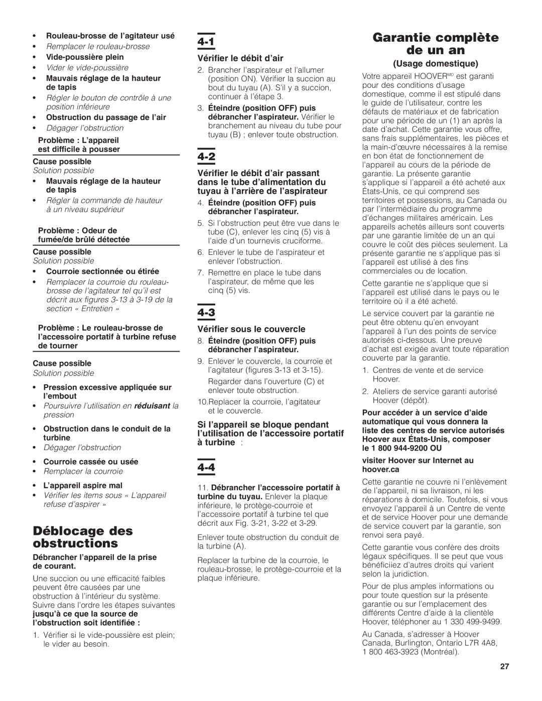 Hoover U5182900 Déblocage des obstructions, Garantie complète De un an, Vérifier le débit d’air, Usage domestique 