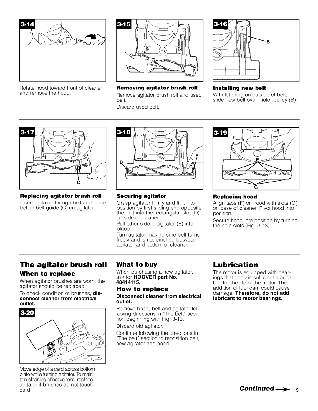 Hoover U5182900 owner manual Agitator brush roll, Lubrication 