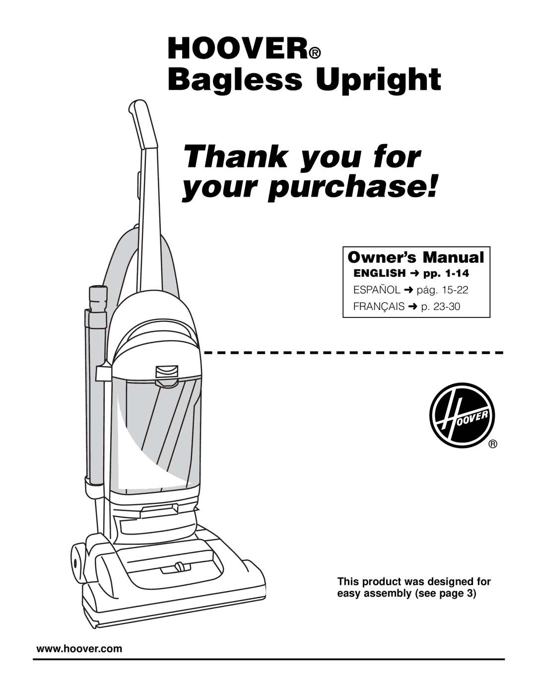 Hoover U5361950 owner manual English pp, This product was designed for easy assembly see 