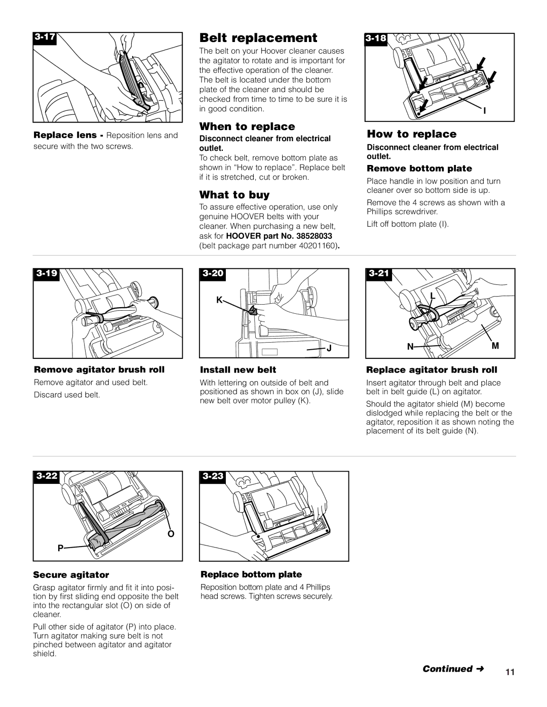 Hoover U5361950 owner manual Belt replacement, When to replace, How to replace 