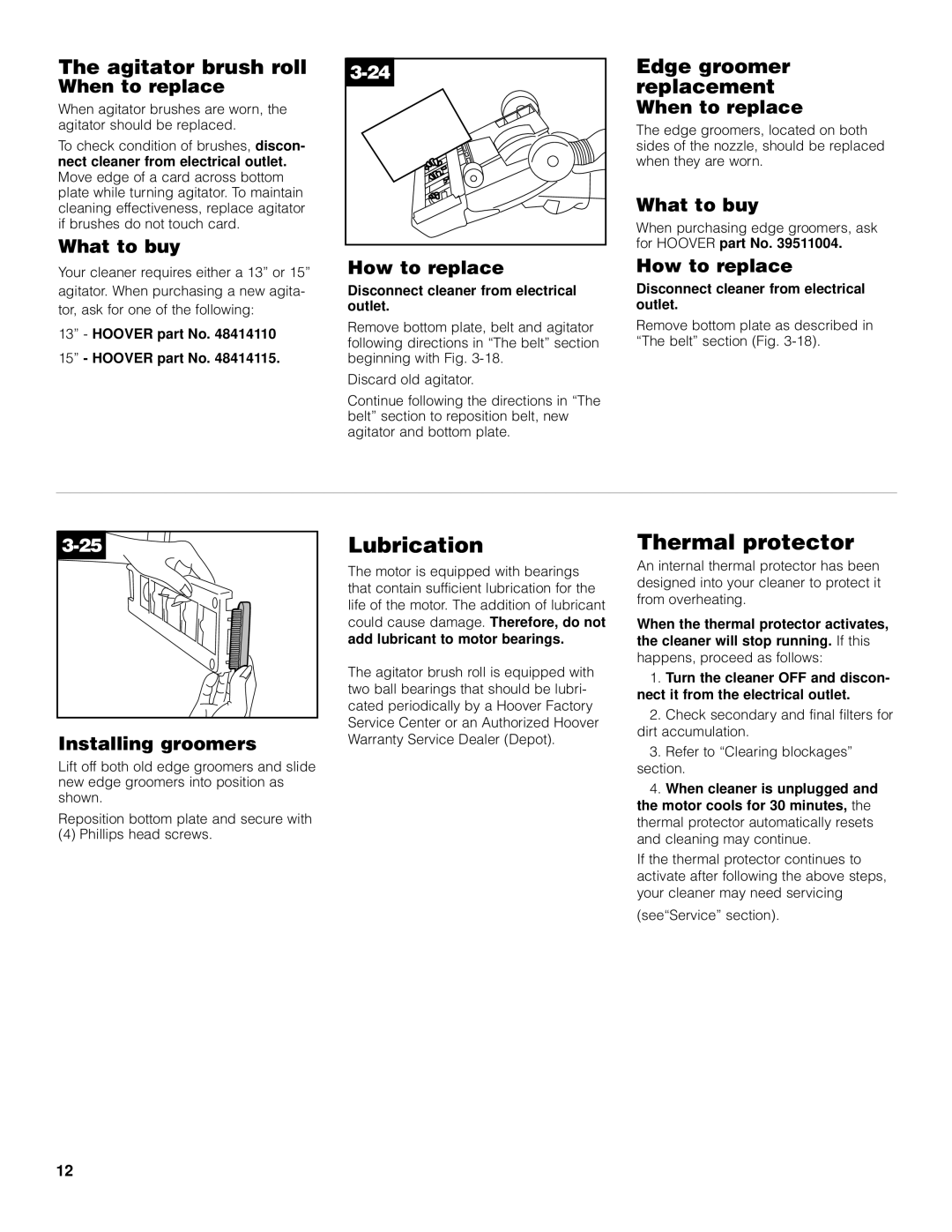 Hoover U5361950 owner manual Lubrication, Thermal protector, Installing groomers, Hoover part No 