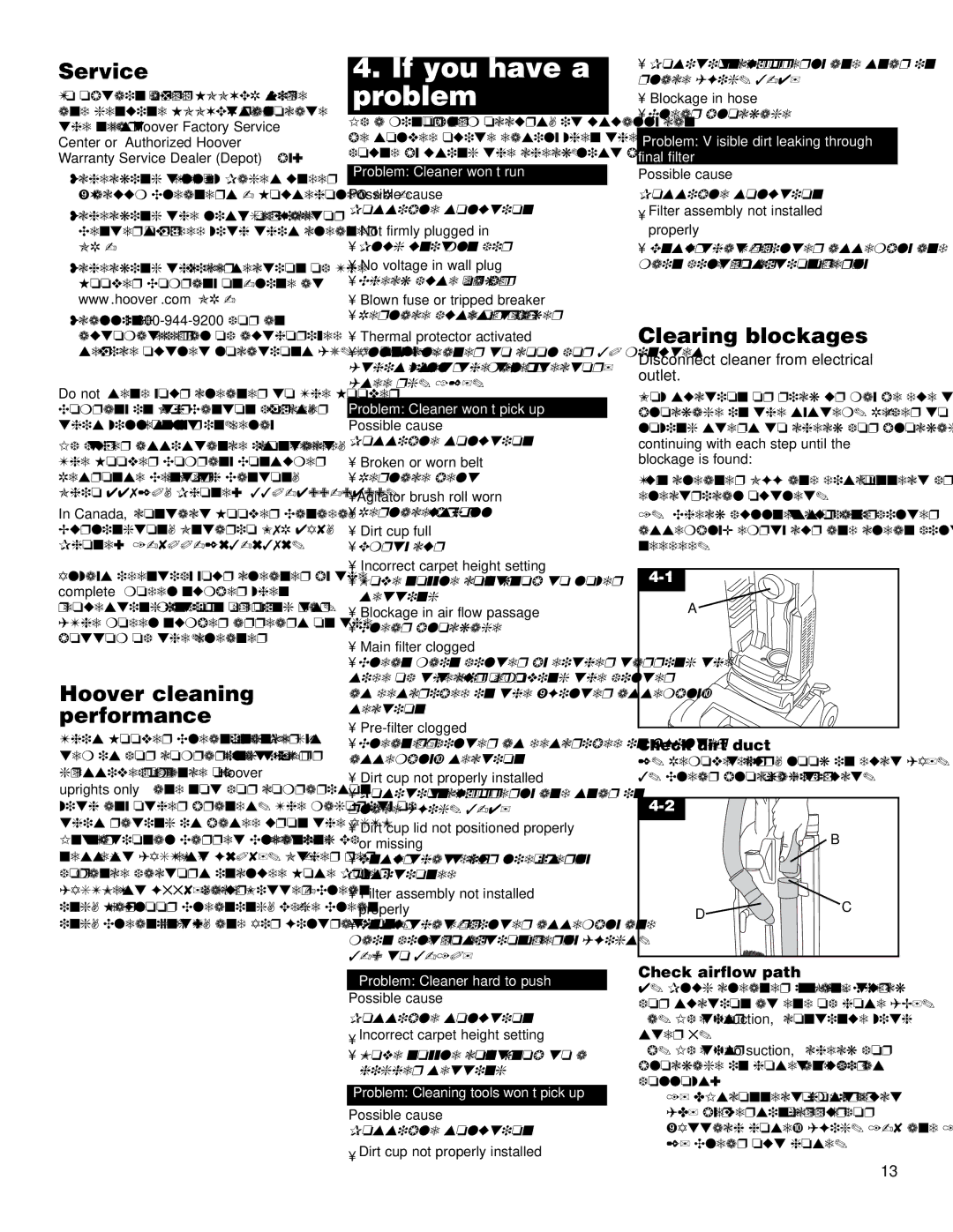 Hoover U5361950 owner manual If you have a problem, Service, Hoover cleaning performance, Clearing blockages 