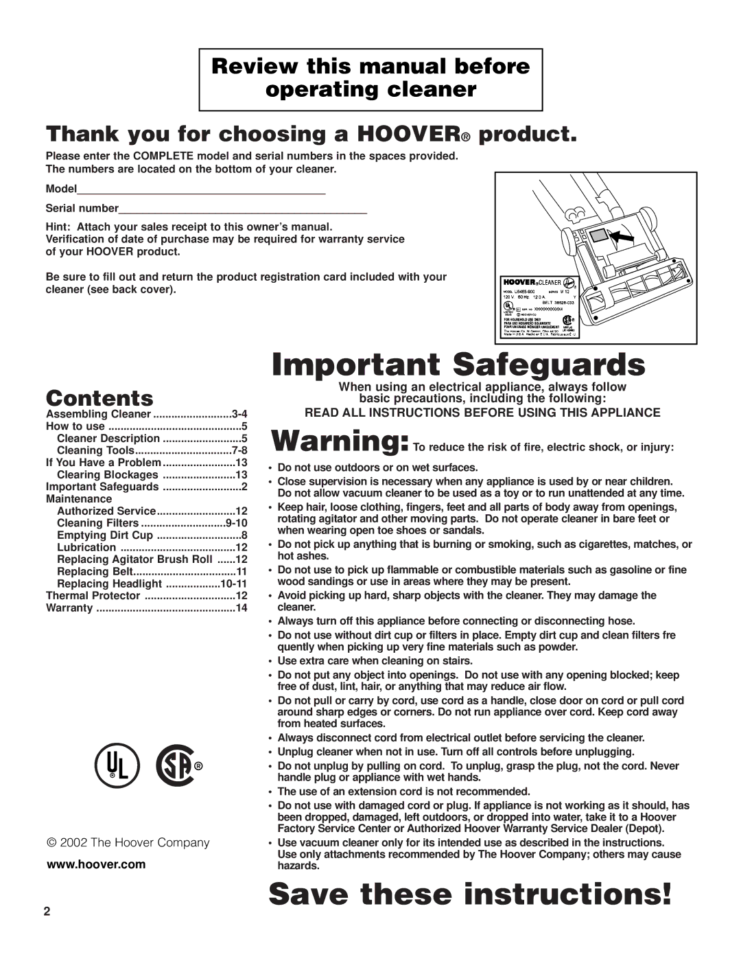 Hoover U5361950 owner manual Important Safeguards 