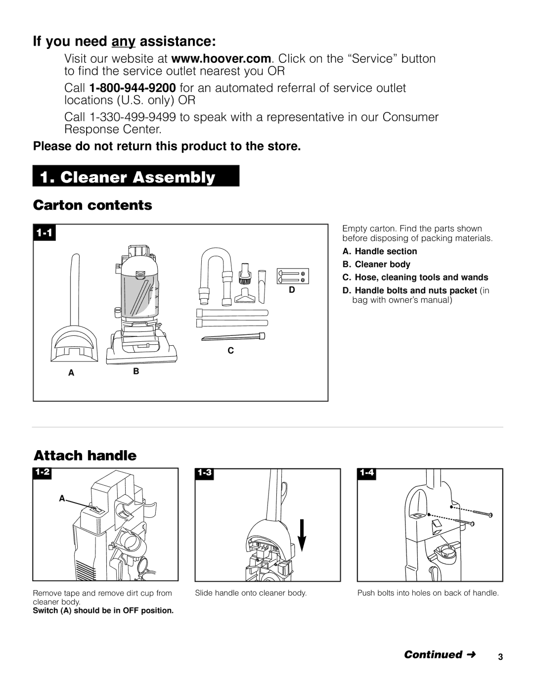 Hoover U5361950 owner manual Cleaner Assembly, If you need any assistance, Carton contents, Attach handle 