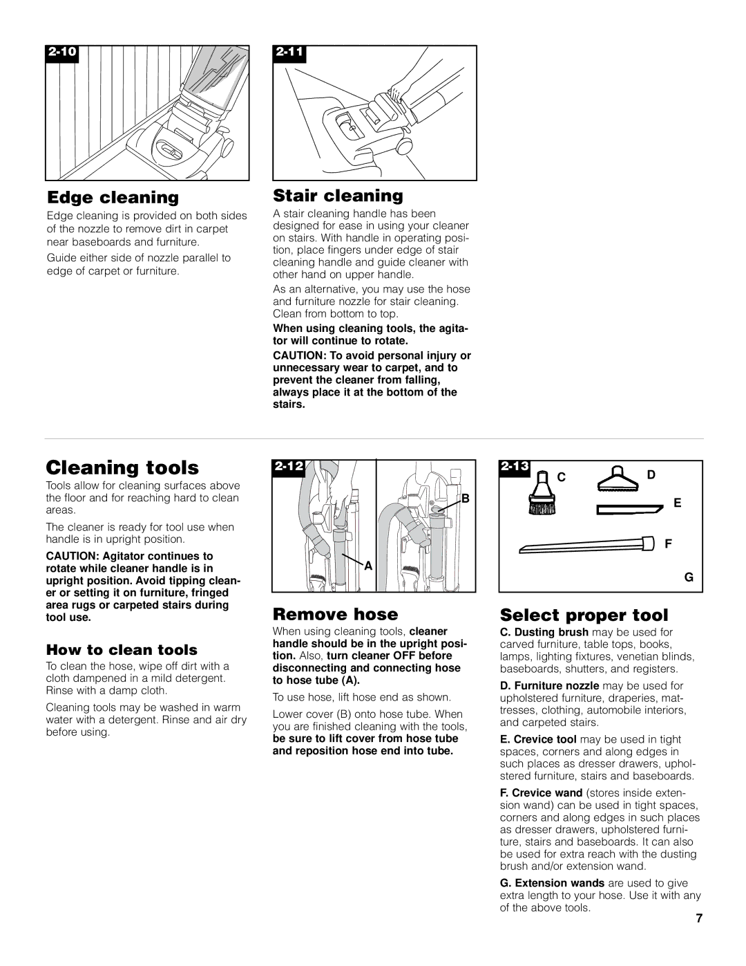 Hoover U5361950 owner manual Cleaning tools, Edge cleaning, Stair cleaning, Remove hose, Select proper tool 