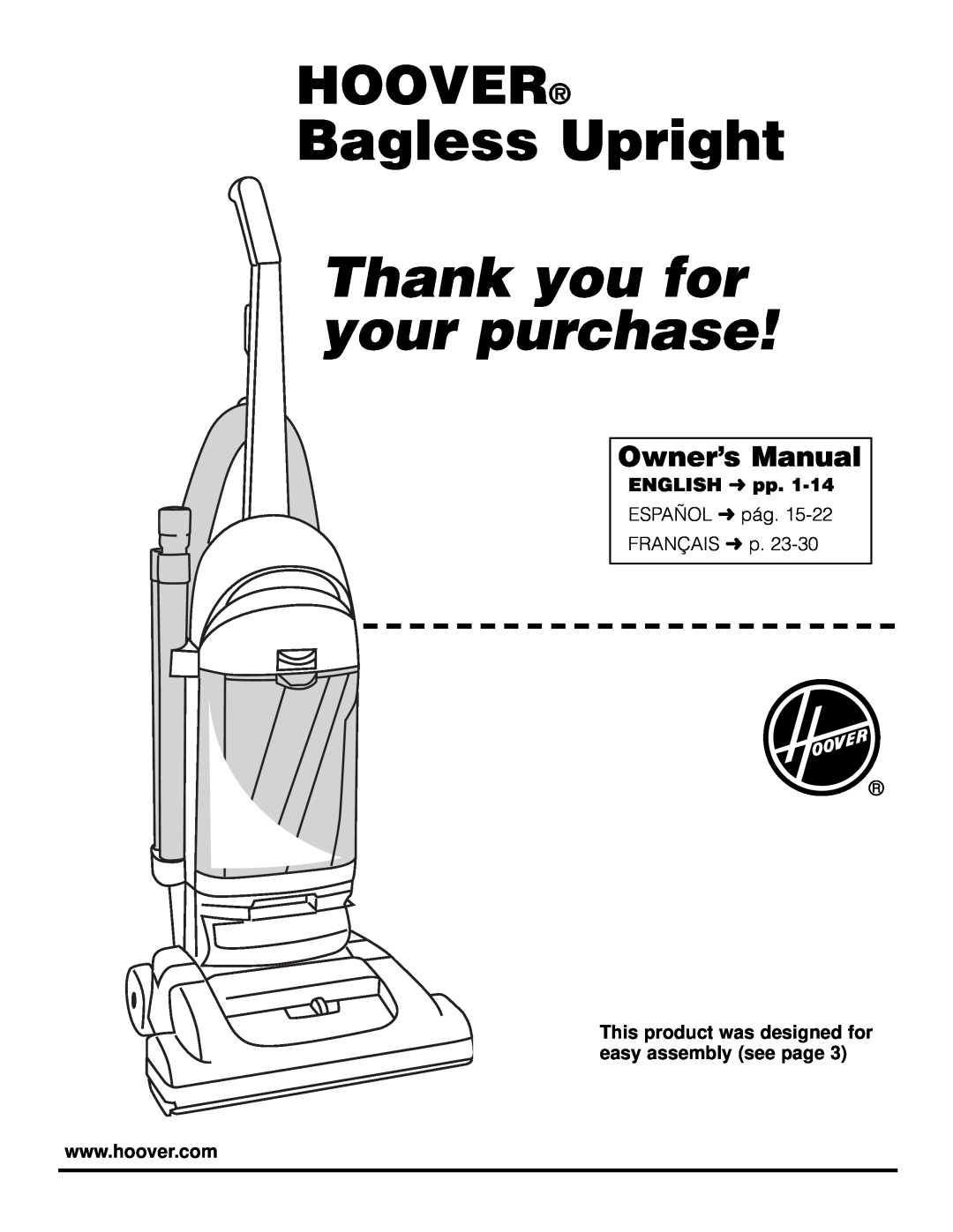 Hoover U5361950 owner manual Owner’s Manual, Bagless Upright, Thank you for your purchase, Hoover, ENGLISH pp 