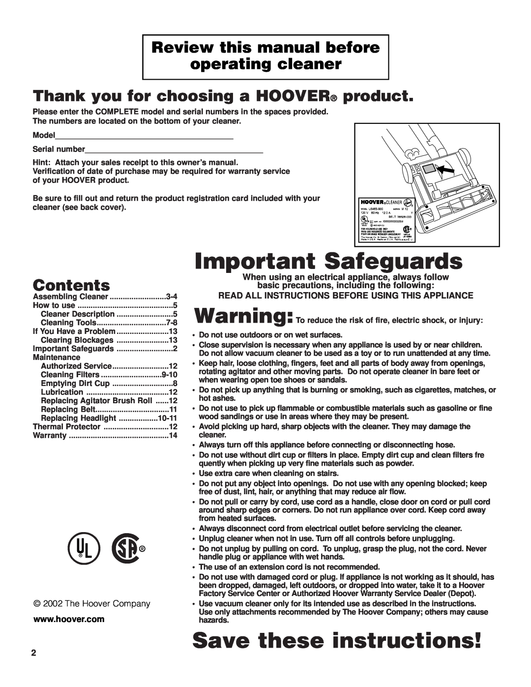 Hoover U5361950 Review this manual before operating cleaner, Thank you for choosing a HOOVER, product, Contents 