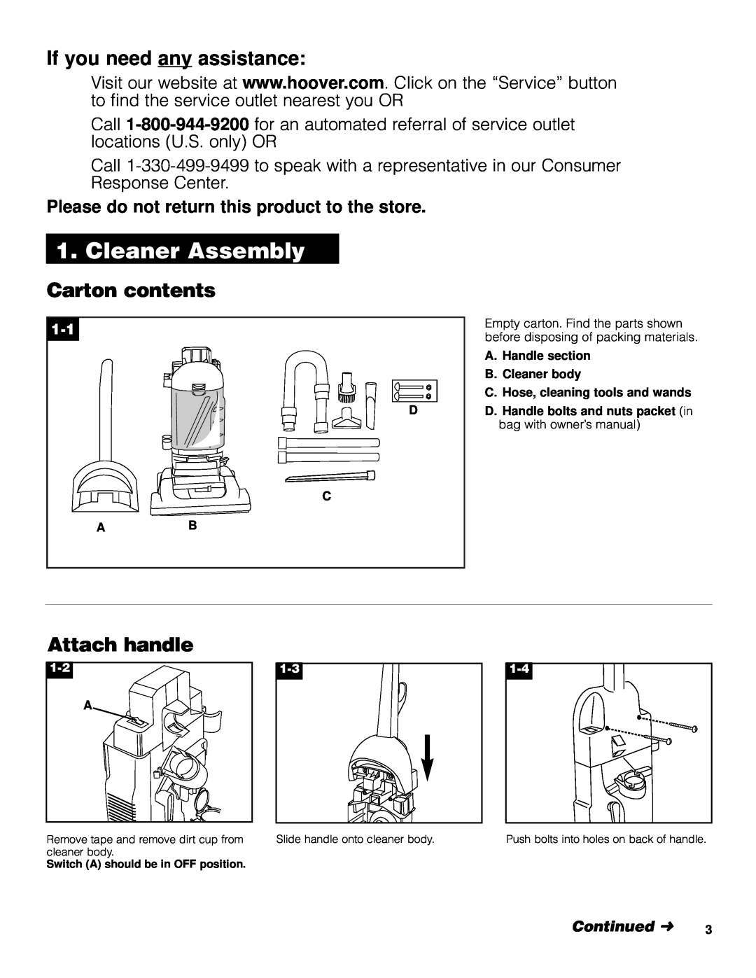 Hoover U5361950 owner manual Cleaner Assembly, If you need any assistance, Carton contents, Attach handle 