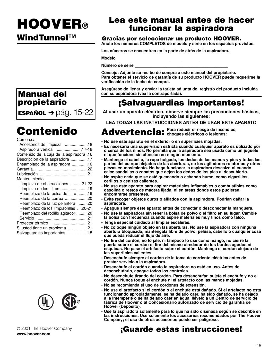 Hoover U5432900 WindTunnel Manual del propietario, Lea este manual antes de hacer Funcionar la aspiradora 