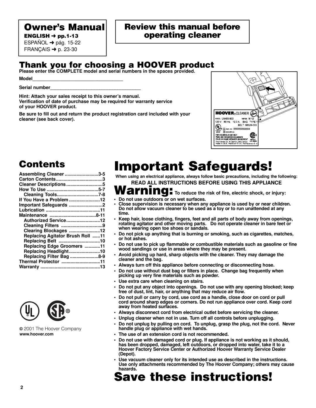 Hoover U5432900 manual Important Safeguards, Contents 