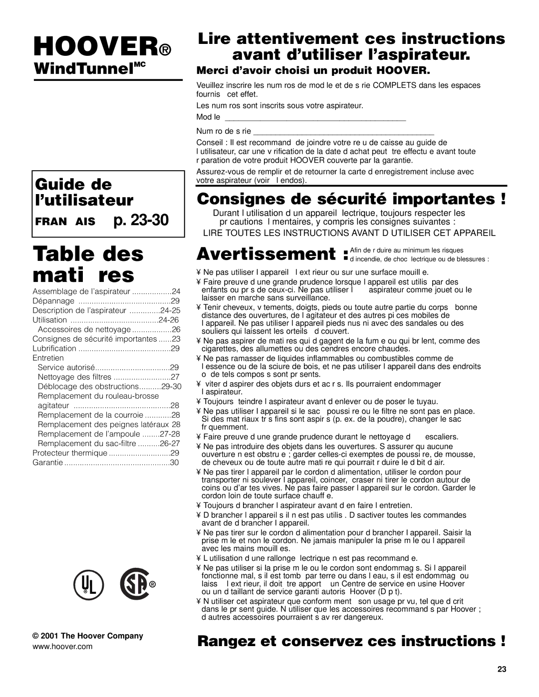 Hoover U5432900 manual WindTunnelMC Guide de ’utilisateur, Consignes de sécurité importantes, Français p 