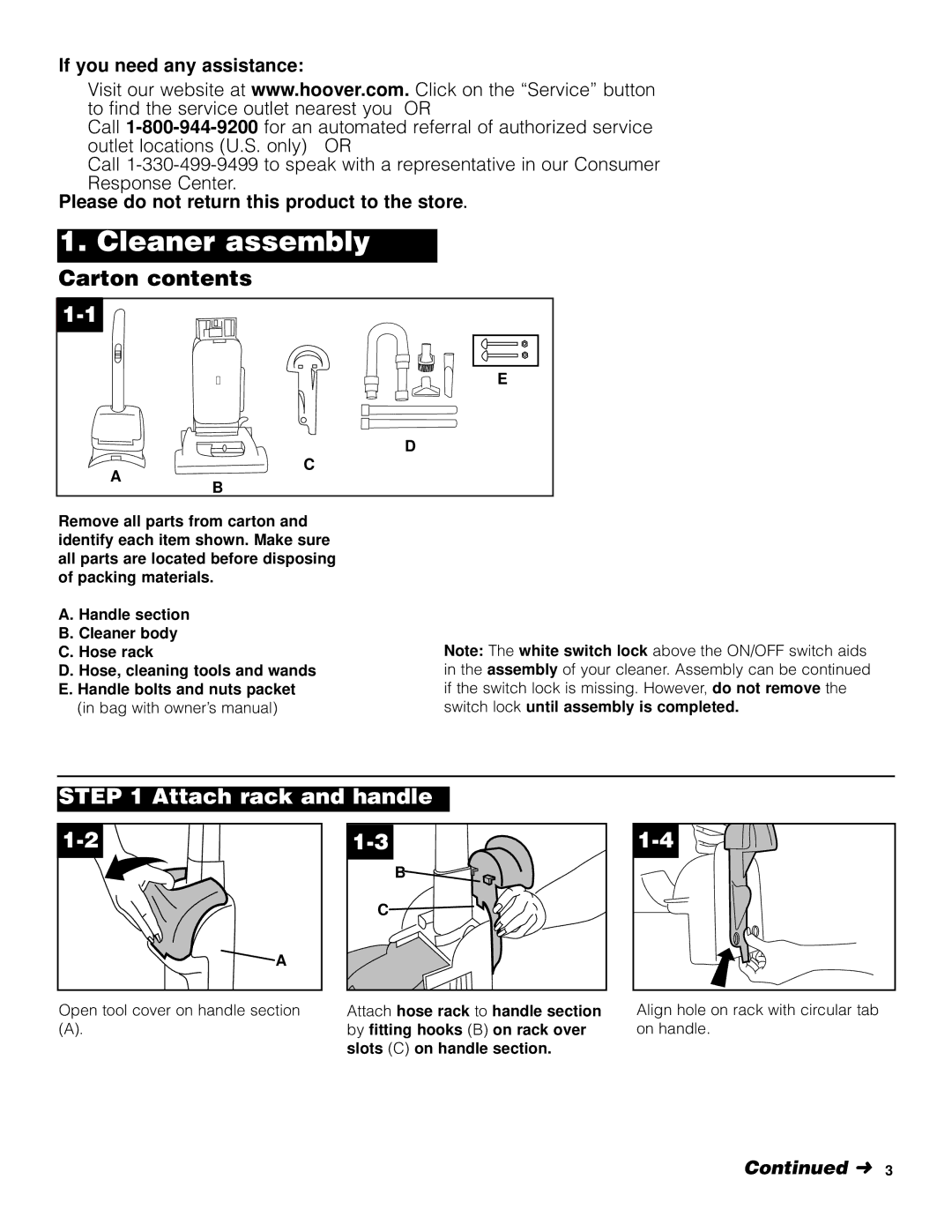 Hoover U5432900 manual Cleaner assemblyNot, Carton contents 