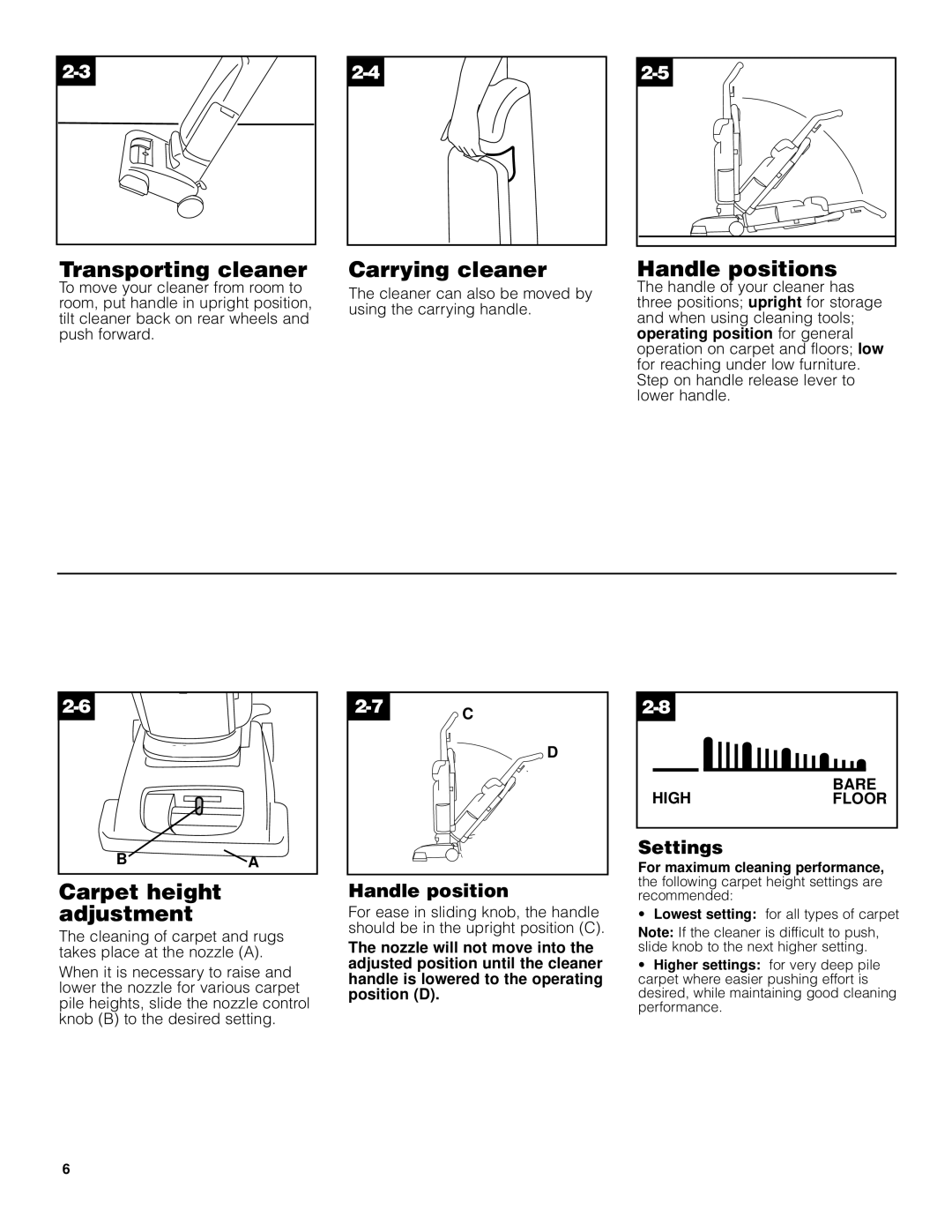 Hoover U5432900 manual Transporting cleaner, Carrying cleaner, Handle positions, Carpet height Adjustment 